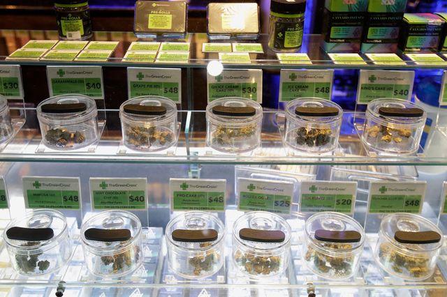 Various marijuana buds for sale are displayed at The Green Cross cannabis dispensary in San Francisco, California.